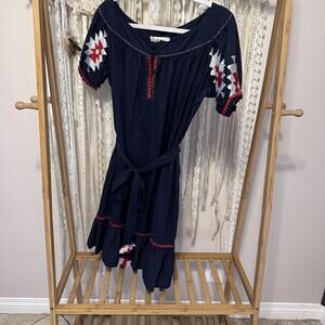 Tory Burch - Navy Embroidered Cotton Shift w/ Fringe Belt Sz 8